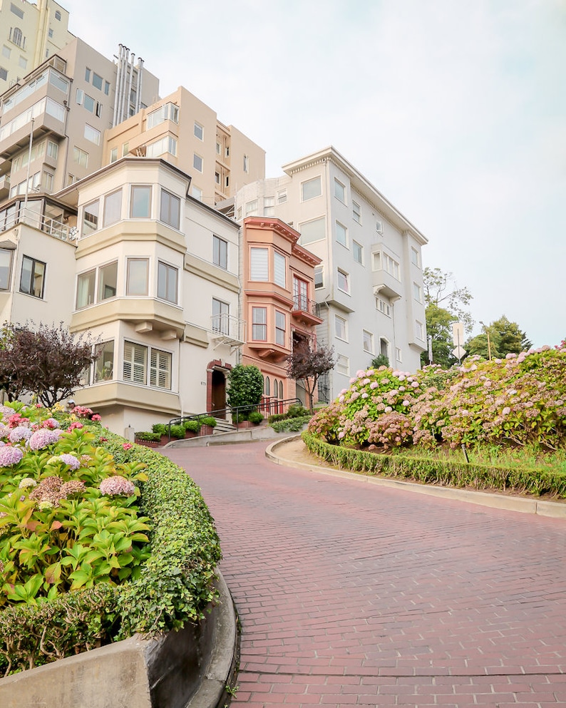 Set of 3 San Francisco photography featuring Golden Gate Bridge, row houses, Lombard street.  Colors are soft pastels of pink, green and blue.