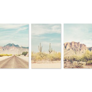 Set of 3 desert photgraphy prints showing scenes in Phoenix Arizona.  Shows 2 saguaro cactus, road in the desert and the Superstition Mountains.