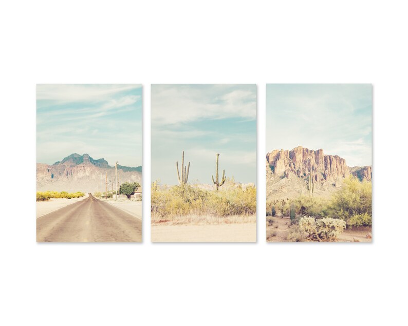 Set of 3 desert photgraphy prints showing scenes in Phoenix Arizona.  Shows 2 saguaro cactus, road in the desert and the Superstition Mountains.