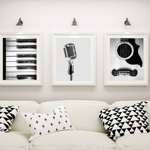 Music Art, Set of 3 Music Prints, Black and White Photography, Guitar, Piano, Microphone Art, Music Wall Decor, Gift for Musician