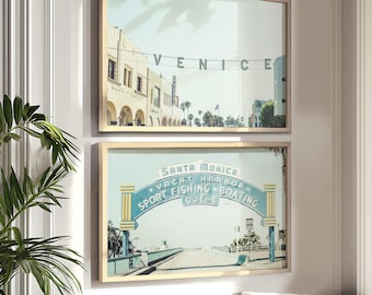 Los Angeles Print Set of 2 | Photography - Unframed | Santa Monica Pier Art, Venice Beach Print, Vintage Sign Decor, Blue LA| Pick Your Size