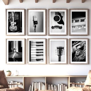 Music Art, Print Set of 8, Black and White Photography, Music Gallery Wall, Microphone, Piano, Guitar Wall Decor,Gift for Musician,Kids Room
