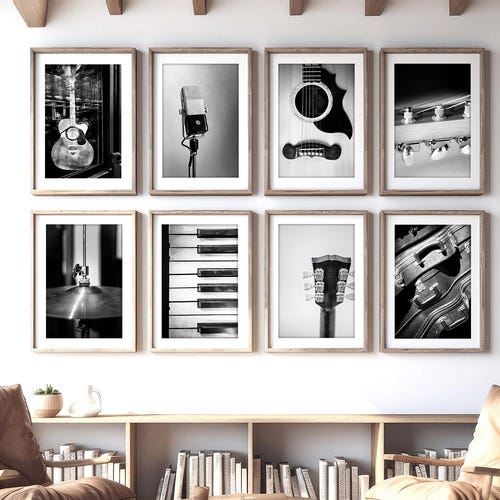 Music Art, Print Set of 8, Black and White Photography, Music