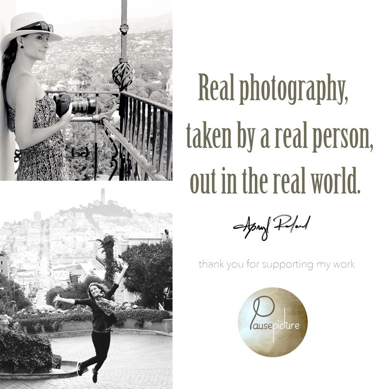 May include: A black and white graphic featuring two photographs of a person, one holding a camera on a balcony and another jumping outdoors. Text reads: Real photography, taken by a real person, out in the real world. Apryl Roland, thank you for supporting my work, and a circular logo with the text Pausepicture.