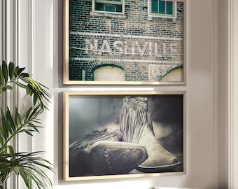 Nashville kunst aan de muur, set van 2 | Fotografie: ingelijst | Countrymuziekdecor, cowboylaarzen, bord Nashville, muziekkunst | Kies je maat