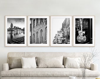 Nashville Print Set of 4, Black and White Photography - Unframed | Tennessee Wall Art, Country Music Art, Broadway, Guitar Art | Many Sizes