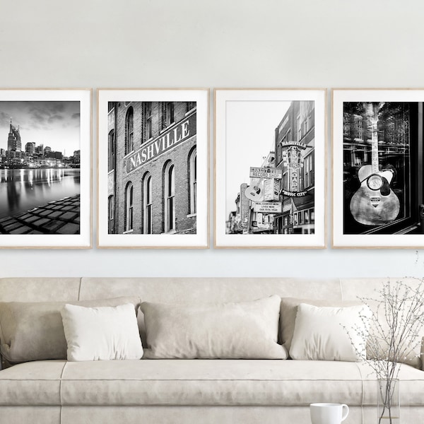 Nashville Print Set of 4, Black and White Photography - Unframed | Tennessee Wall Art, Country Music Art, Broadway, Guitar Art | Many Sizes