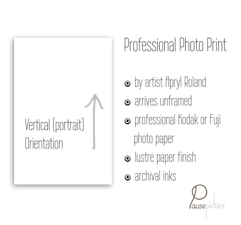 May include: A professional photo print with vertical portrait orientation, featuring text by artist Apryl Roland. The print uses professional Kodak or Fuji photo paper with a lustre finish and archival inks, arriving unframed as a single sheet.