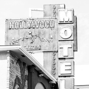 Hollywood motel photography print.  Old Vintage neon sign.  Red and blue details.