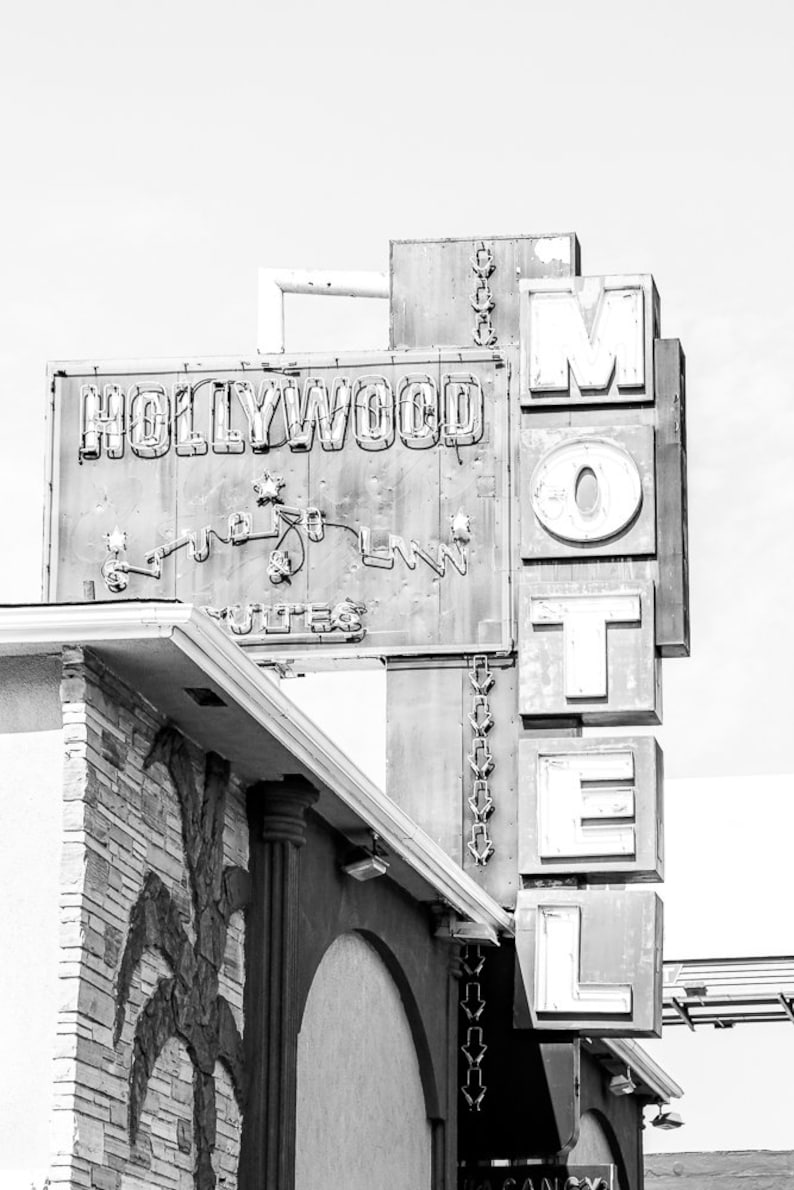 Hollywood motel photography print.  Old Vintage neon sign.  Red and blue details.