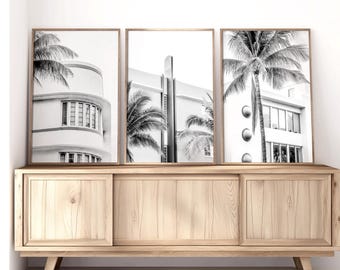 Miami Art, Print Set of 3 - Unframed, Art Deco Wall Art, Black and White, South Beach Photography, Florida Art, Miami Prints | Many Sizes