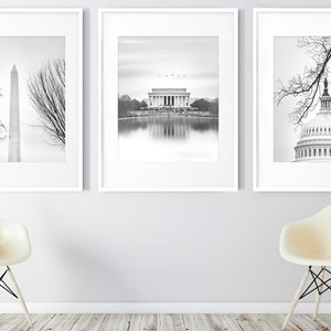 Washington DC Art, Print Set of 3 | Black and White Photography - Unframed | Capitol Building, Lincoln Memorial, Washington Monument