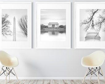 Washington DC Art, Print Set of 3 | Black and White Photography - Unframed | Capitol Building, Lincoln Memorial, Washington Monument