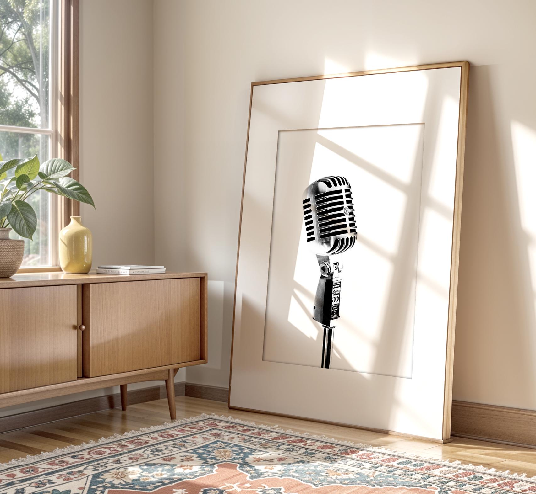Microphone Art, Music Print, Black and White Photography, Music