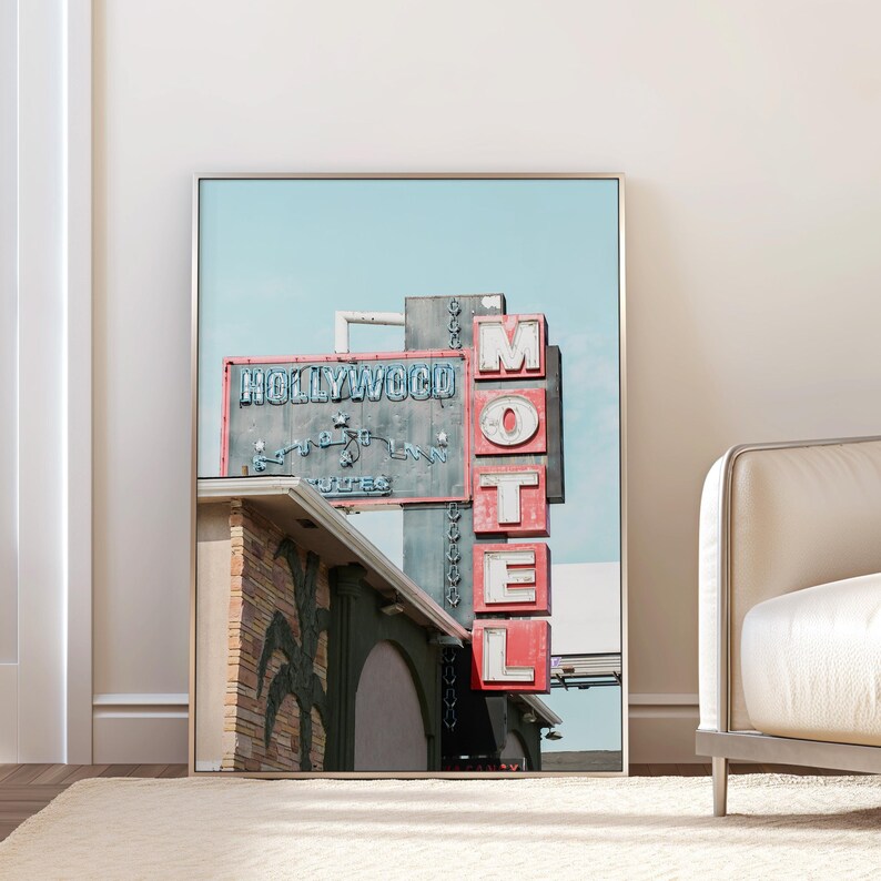 Hollywood motel photography print.  Old Vintage neon sign.  Red and blue details.