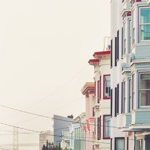 Set of 3 San Francisco photography featuring Golden Gate Bridge, row houses, Lombard street.  Colors are soft pastels of pink, green and blue.