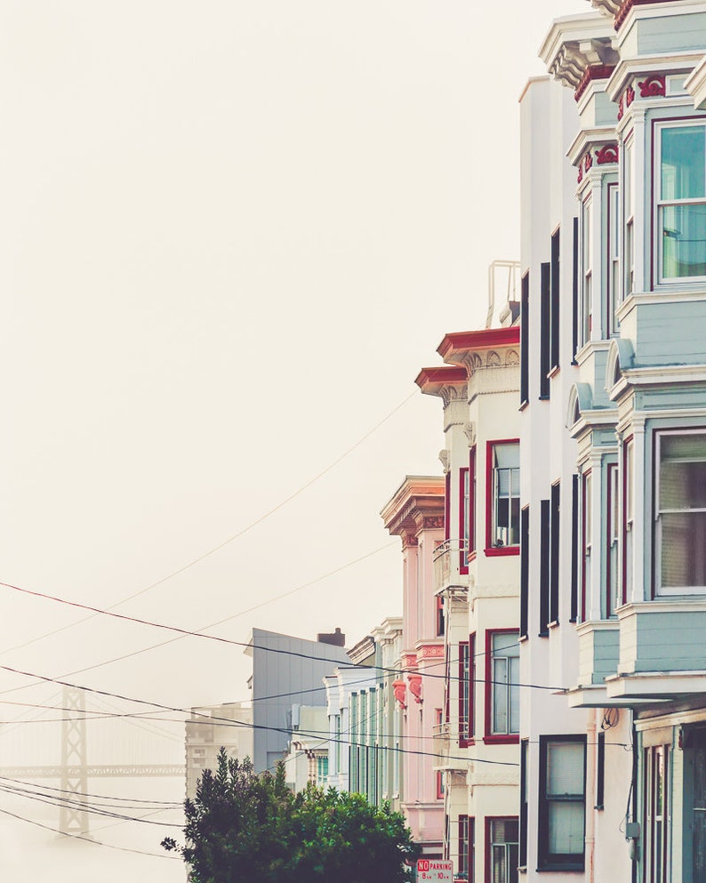 Set of 3 San Francisco photography featuring Golden Gate Bridge, row houses, Lombard street.  Colors are soft pastels of pink, green and blue.