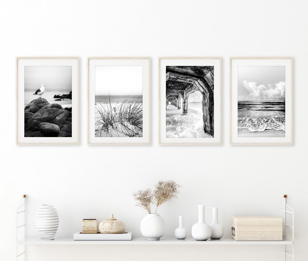 Coastal Wall Art, Print Set of 4 Black and White Photography Unframed ...