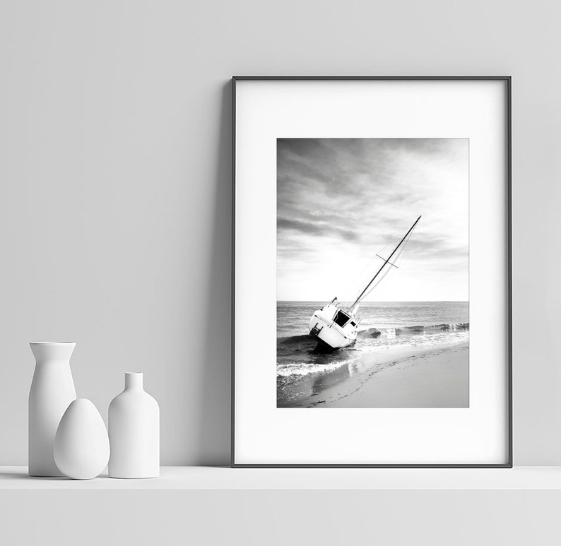 Segelboot Druck Strand Wandkunst Schwarz Und Weiss Etsy