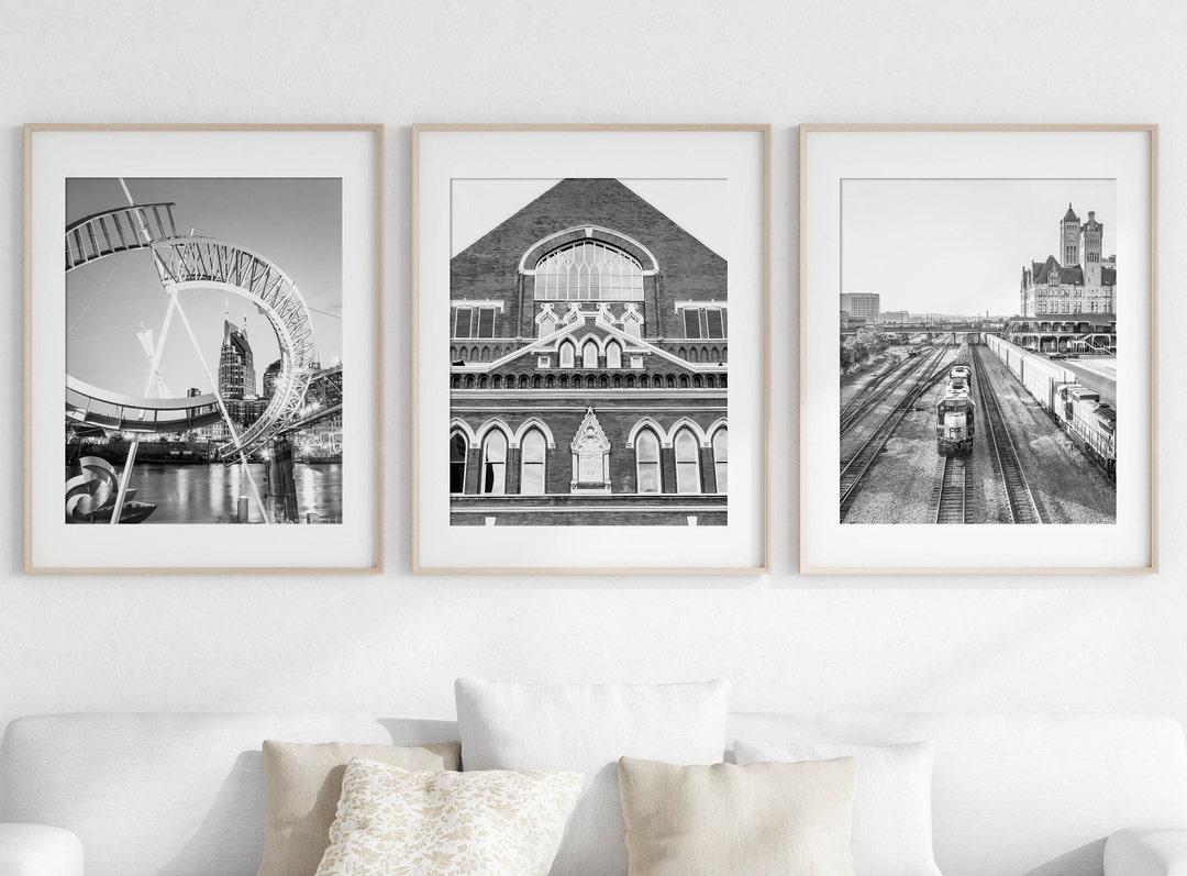 Nashville Art, Print Set of 3, Nashville Prints, Black and White Nashville Photography, Downtown