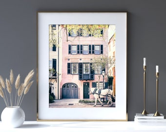 Charleston Art, Unframed Photography, Pink House, Architectural Charleston Print, Southern Home Decor, Pink Art, Horse Carriage | Many Sizes