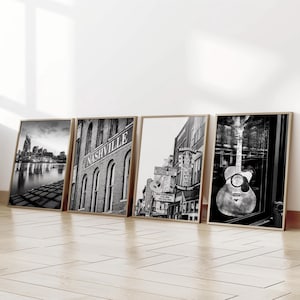 Nashville Print Set of 4, Black and White Photography - Unframed | Tennessee Wall Art, Country Music Art, Broadway, Guitar Art | Many Sizes