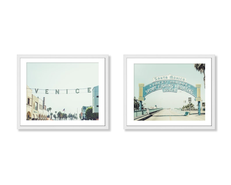 Los Angeles Print Set di 2 / Fotografia Senza cornice / Santa Monica Pier Art, Venice Beach Print, Vintage Sign Decor, Blue LA/ Scegli la tua taglia Color Set / Horiz