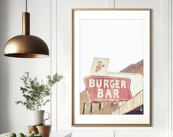 Burger Art, Vintage Burger Bar Sign Retro Burger Print Boho Kitchen Art Burger Neon Sign Bar Print Vintage Food Art Kitchen Decor