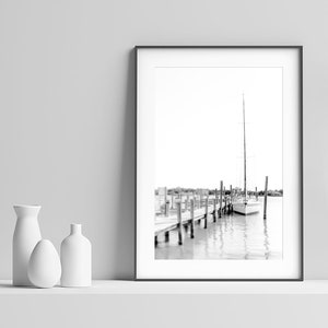 Sailboat Photography, Dock Print, Ocracoke Art, Nautical Decor, Outer Banks, Coastal Wall Art, Sailing Print, Blue, White  "Silver Lake"