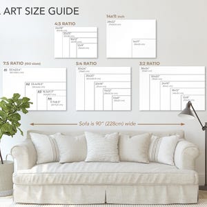 Shows print sizes on the wall over a 90” sofa for scale and reference.