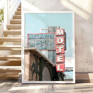 Hollywood motel photography print.  Old Vintage neon sign.  Red and blue details.