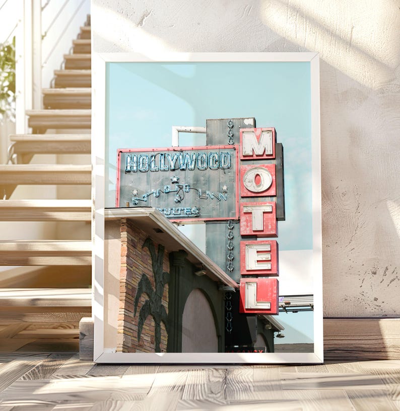 Hollywood motel photography print.  Old Vintage neon sign.  Red and blue details.