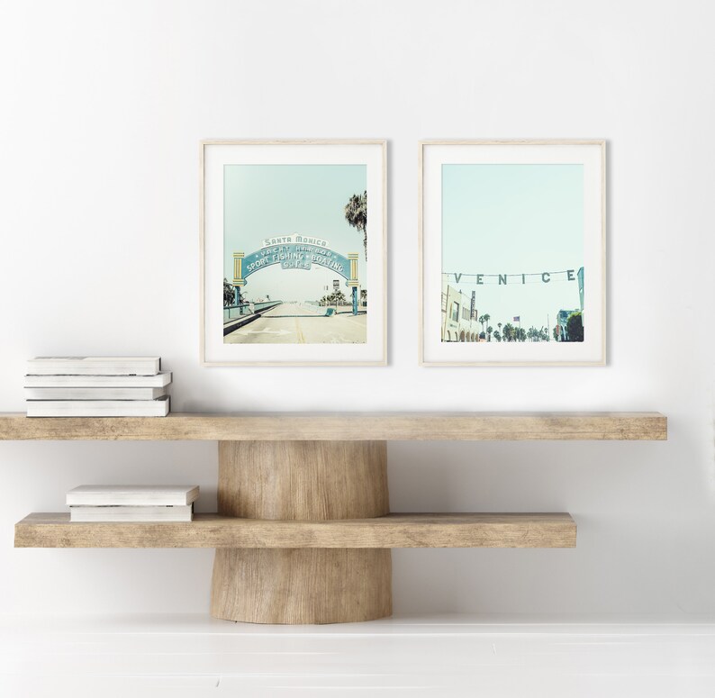 Los Angeles Print Set of 2 Photography Unframed Santa Monica Pier Art, Venice Beach Print, Vintage Sign Decor, Blue LA Pick Your Size Color Set / Vertical