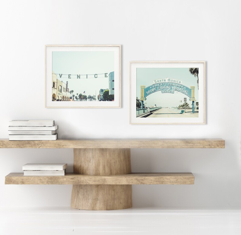 Los Angeles Print Set of 2 Photography Unframed Santa Monica Pier Art, Venice Beach Print, Vintage Sign Decor, Blue LA Pick Your Size image 1