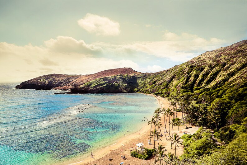 Hawaii Beach Photography, Hawaiian Art Print, Beach Landscape, Coastal Travel Art, Oahu, Hawaii Aerial, Blue, Aqua, Ocean Hanauma Bay Vintage Warm