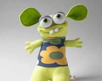 Green plushy friendly monster, Kawaii therapy doll, kids or adult comfort toy
