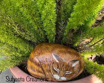 Sleeping Tabby Cat, painted rock, Stone Art,Tabby Cat Painting,Animal Gift, Cat Lover,Painted Stone Cat, Pet Rock, ,Pet Lover