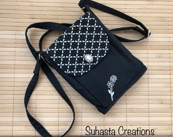 Cellphone black pouch/Embroidered crossbody bag/ Travel cellphone purse/ cellphone wallet case