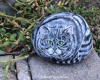 Painted Cat Rock: Hand-Painted Stone Art, Animal Lover Gift