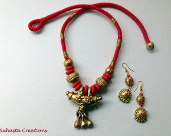 Clay Amulet Necklace, Red and gold necklace,Ethnic Necklace Set,elegant necklace,Indian jewelry,handmade Necklace,corded necklace