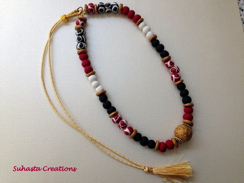 Vibrant Red and black beaded Necklace,ethnic chic,African tapestry inspired,handmade polymer necklace image 5