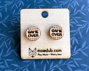 Game Over Earrings - handmade round wood stud earrings