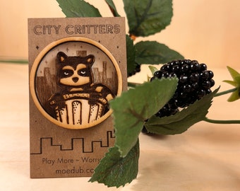 Trash Panda Wood Pin - Beechwood raccoon city critter pin or brooch