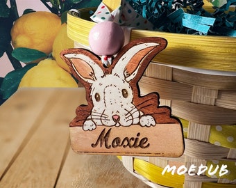 Personalized Eater Basket Tag - Hand Drawn Easter Bunny Wood Tag with Custom Name