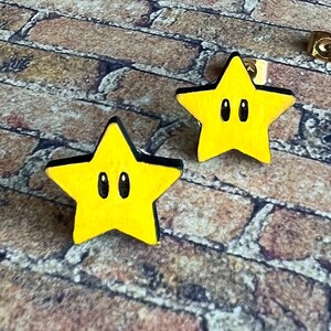 Mario Star Stud Earrings Hand-painted small wood earrings image 4