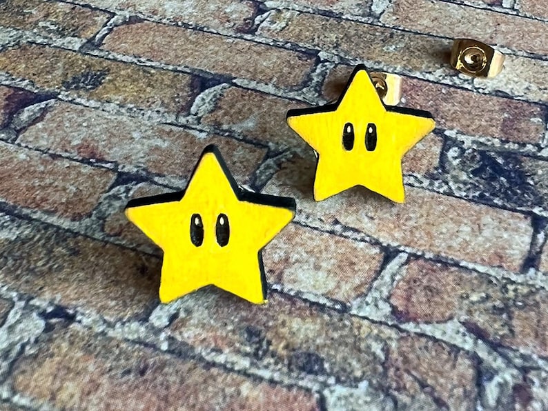Mario Star Stud Earrings Hand-painted small wood earrings image 4