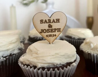 Personalized Wedding Heart Cupcake Toppers - Wood