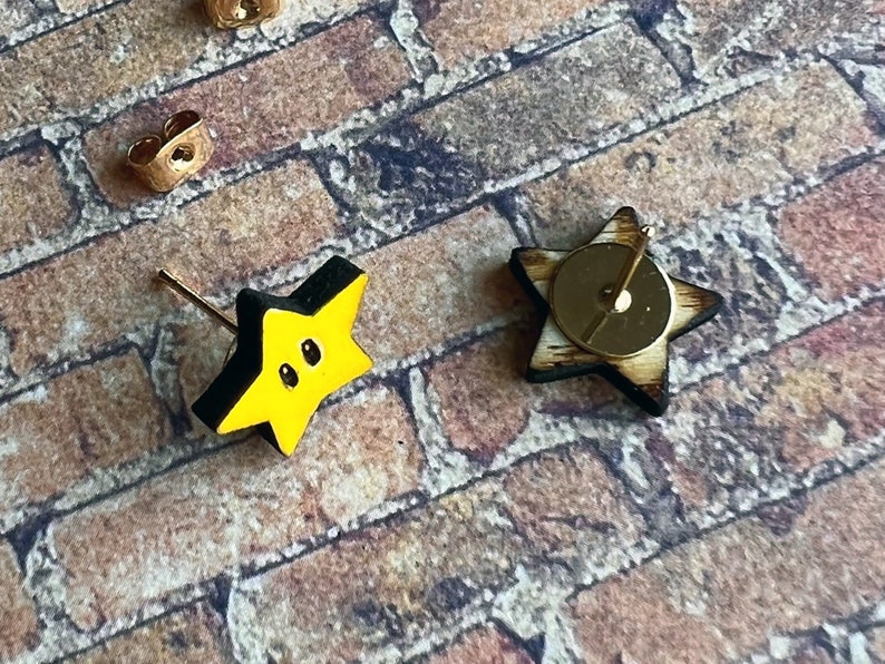 Mario Star Stud Earrings Hand-painted small wood earrings image 5