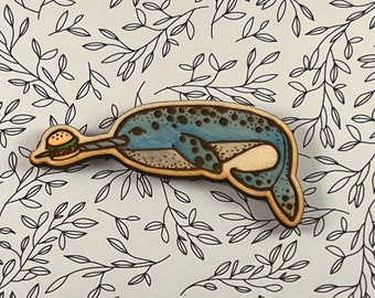 Narwhal Magnet with BURGER -  Wooden Magnet - Handmade, Handpainted