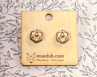 D20 Dice Stud Earrings - Hand-painted small wood earrings